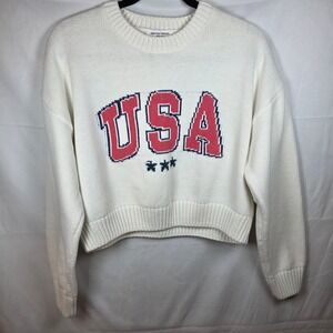 Grayson Threads USA Graphic Knit Cropped Sweater White Large Patriotic Crew Neck